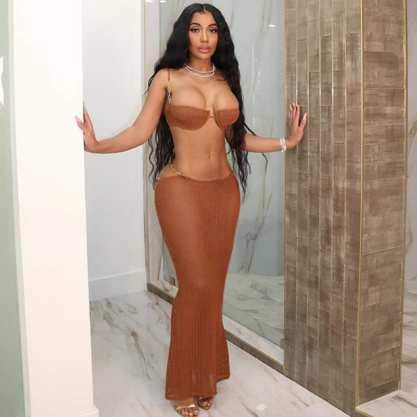 See Through Tie Up Tops Long Skirt 2 Piece Set XEF-K24S44749