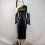 Slash Shoulder Leather Tight Split Midi Dress GPBY-17136