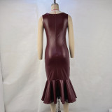PU Leather Sleeveless Ruched Fishtail Dress GPBY-14772