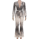 Deep V Neck Long Sleeve Print Jumpsuit XEF-K25S89517