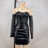 Off Shoulder Ruched Leather Mini Dress GPBY-DS175