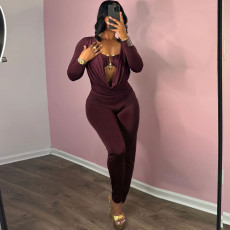 Solid Color Wrap Chest Long Sleeve Jumpsuit XEF-K25Q77505