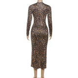 Leopard Print Deep V Neck Split Maxi Dress XEF-K25D76878