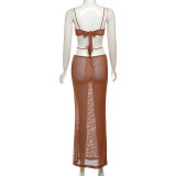 See Through Tie Up Tops Long Skirt 2 Piece Set XEF-K24S44749