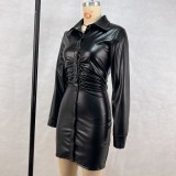 Long Sleeve Pleated Leather Mini Dress GPBY-DS171