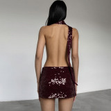 Deep V Neck Halterneck Backless Mini Dress XEF-K24D61283