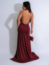 Halterneck Deep V Neck Ruched Split Maxi Dress SFY-631