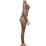 Mesh Leopard Print Long Sleeve Jumpsuit XEF-K25Q66048
