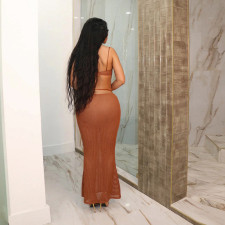 See Through Tie Up Tops Long Skirt 2 Piece Set XEF-K24S44749