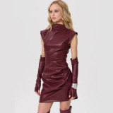 Sleeveless Detachable Sleeve PU Leather Mini Dress GPBY-17139