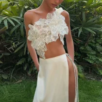 Backless Sequin-Tie Top Split Solid-Color Skirt Set XEF-K24S59873