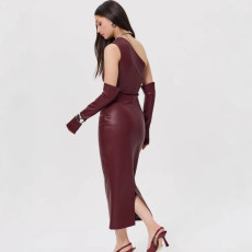 Slash Shoulder Leather Tight Split Midi Dress GPBY-17136