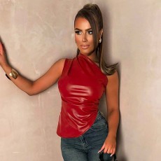 Sleeveless Slash Shoulder PU Leather Tops GPBY-ST252