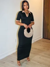 Lapel Short Sleeve Slim Maxi Dress SFY-628