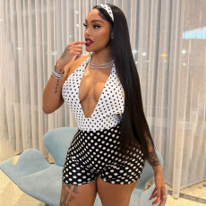 Contrast Color Polka Dot Print Backless Romper XEF-K25Q88463