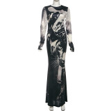 Long Sleeve Print Slim Maxi Dress XEF-K25D76745