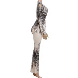 Deep V Neck Long Sleeve Print Jumpsuit XEF-K25S89517