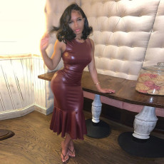 PU Leather Sleeveless Ruched Fishtail Dress GPBY-14772