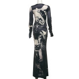 Long Sleeve Print Slim Maxi Dress XEF-K25D76745