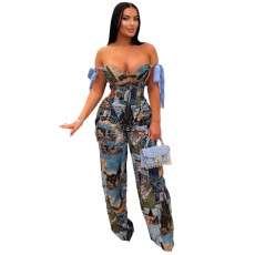 Plus Size Print Tie Up Drawstring Two Piece Pants Suit NY-3296