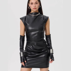 Sleeveless Detachable Sleeve PU Leather Mini Dress GPBY-17139