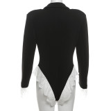 V Neck Lace Patchwork Long Sleeve Bodysuit XEF-K24K52760