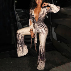 Deep V Neck Long Sleeve Print Jumpsuit XEF-K25S89517