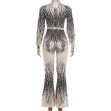 Deep V Neck Long Sleeve Print Jumpsuit XEF-K25S89517