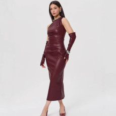 Slash Shoulder Leather Tight Split Midi Dress GPBY-17136
