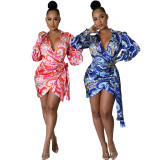 Plus Size Print V Neck Long Sleeve Tie Up Mini Dress SMR-10968