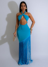 Halterneck Hollow Out Tassel Maxi Dress GTYZ-7526