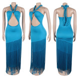 Halterneck Hollow Out Tassel Maxi Dress GTYZ-7526