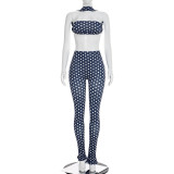 Polka Dot Print Wrap Chest Top Two Piece Pants Set GDSF-D25ST573