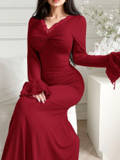 Lace Patchwork V Neck Maxi Dress GZJF-10202