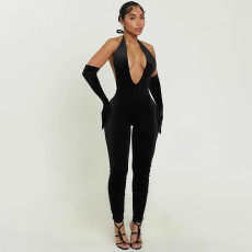 Halterneck Tie Up Backless Slim Jumpsuit MXBF-J25JP466
