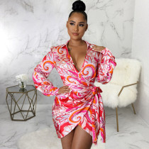 Plus Size Print V Neck Long Sleeve Tie Up Mini Dress SMR-10968