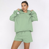 Solid Color Hooded Sweatshirt Two Piece Shorts Set SSNF-211280