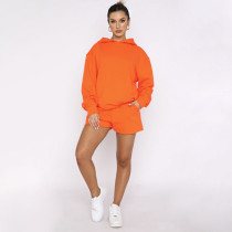 Solid Color Hooded Sweatshirt Two Piece Shorts Set SSNF-211280