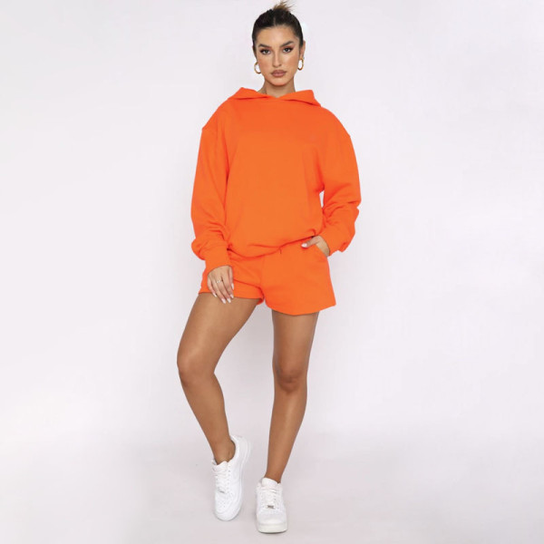 Solid Color Hooded Sweatshirt Two Piece Shorts Set SSNF-211280