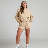 Solid Color Long Sleeve Sweatshirt Two Piece Shorts Set SSNF-211129