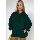 Solid Thickened Fleece Hooded Sweatshirt Shorts Set SSNF-211254