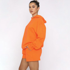 Solid Color Hooded Sweatshirt Two Piece Shorts Set SSNF-211280