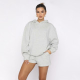 Solid Color Hooded Sweatshirt Two Piece Shorts Set SSNF-211280