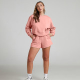 Solid Color Long Sleeve Sweatshirt Two Piece Shorts Set SSNF-211129