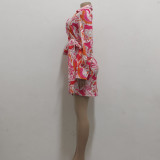 Plus Size Print V Neck Long Sleeve Tie Up Mini Dress SMR-10968