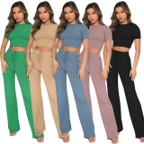 Short Sleeve Solid Color Loose Two Piece Pants Set SSNF-211071