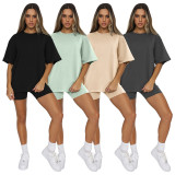 Short Sleeve Solid Color Two Piece Shorts Set SSNF-211051