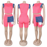 Denim Patchwork Short Sleeve Two Piece Shorts Set GTYZ-7552