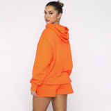 Solid Color Hooded Sweatshirt Two Piece Shorts Set SSNF-211280