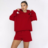 Solid Color Hooded Sweatshirt Two Piece Shorts Set SSNF-211280